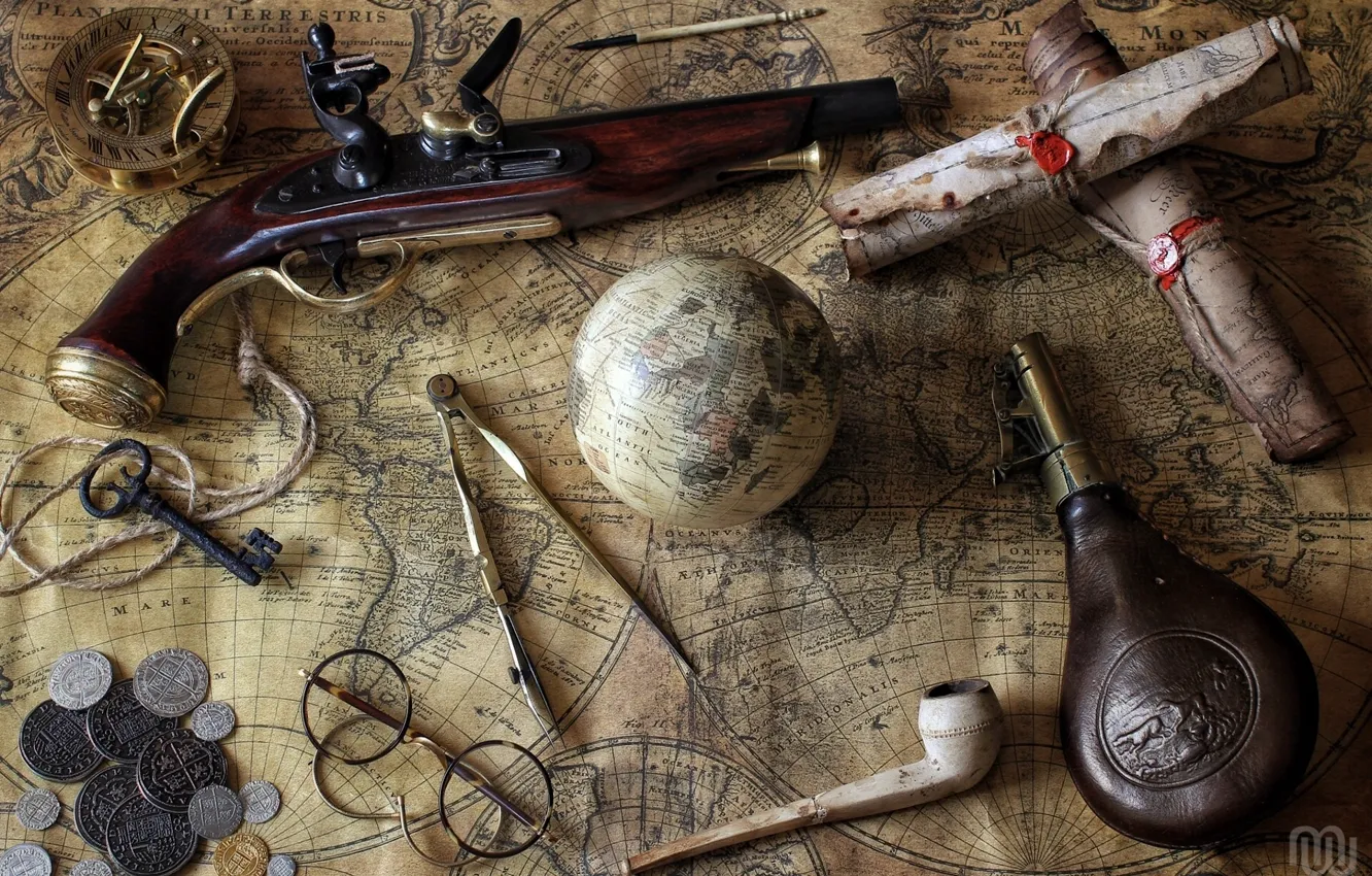 Photo wallpaper bottle, map, tube, key, glasses, coins, compass, globe