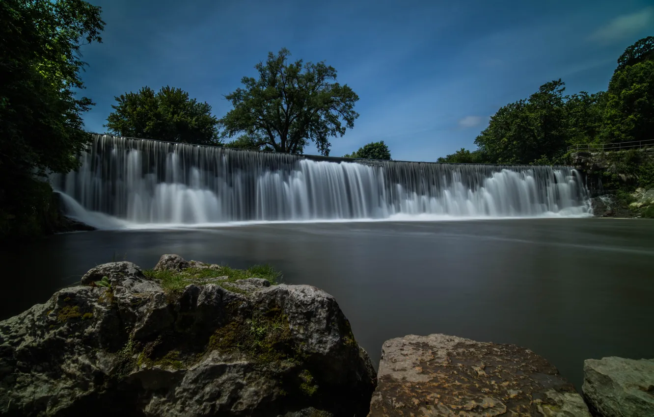 Photo wallpaper the sky, water, trees, stones, waterfall, Root River Falls