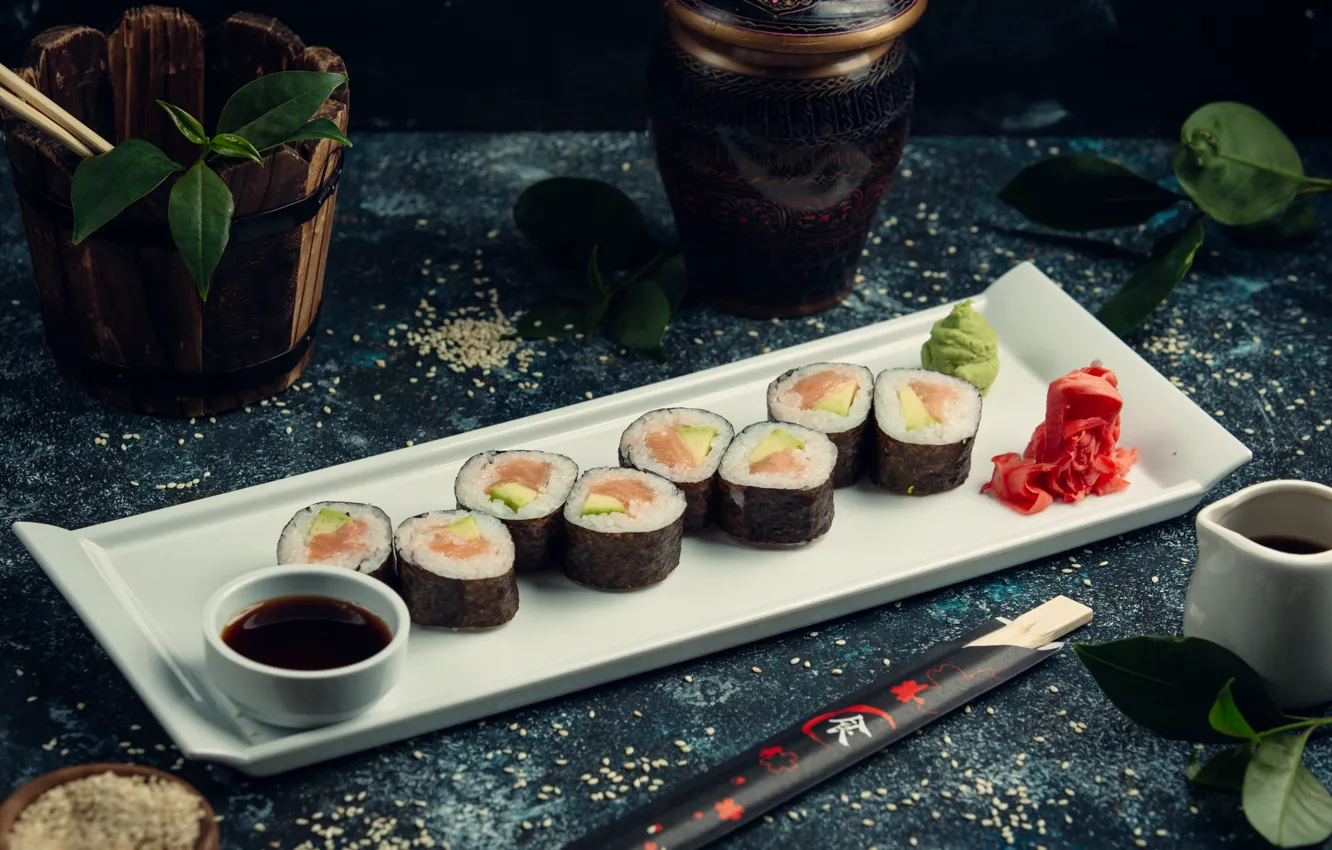 Photo wallpaper sticks, plate, figure, sauce, sushi, sesame, wasabi, ginger
