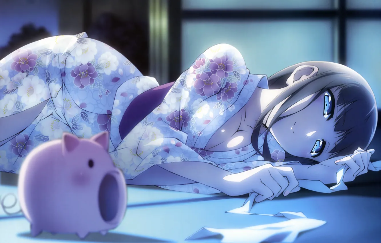 Photo wallpaper girl, floor, kimono, black hair, ribbon, accel world, kurasa parking fuuk production