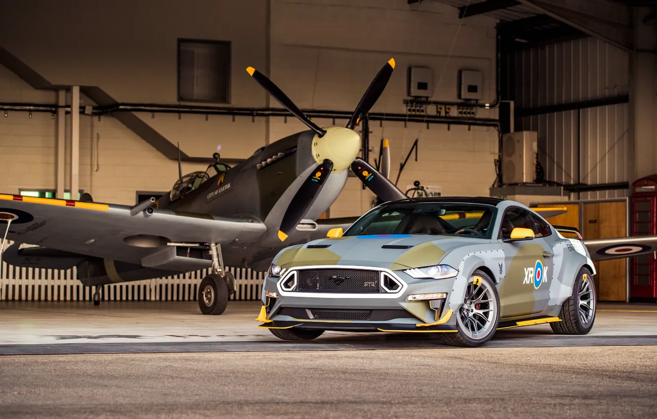 Photo wallpaper Ford, Hangar, 2018, Supermarine Spitfire, RAF, Royal air force, Mustang GT, Eagle Squadron