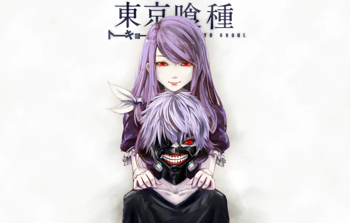 Photo wallpaper girl, background, mask, guy, red eyes, anime, art, Tokyo ghoul