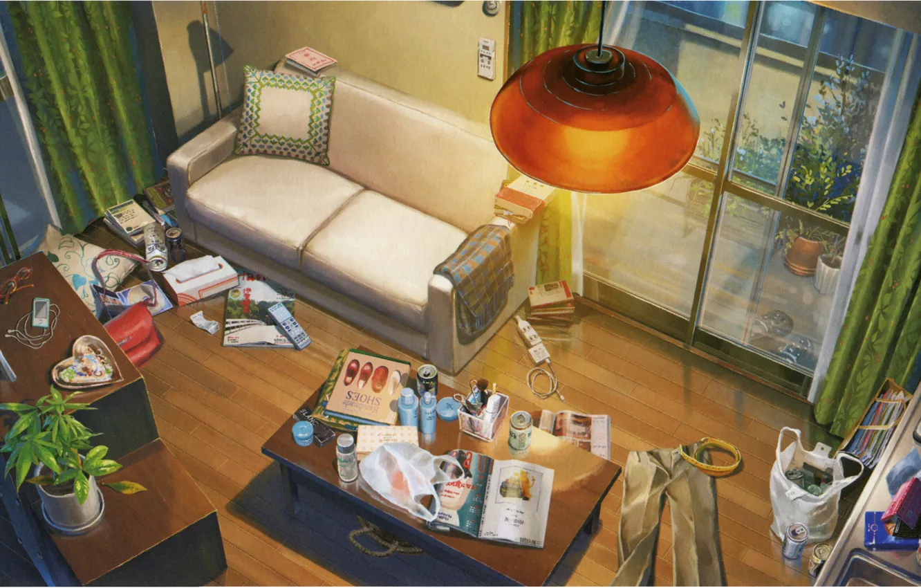 Photo wallpaper table, room, sofa, lamp, window, banks, magazines, mess