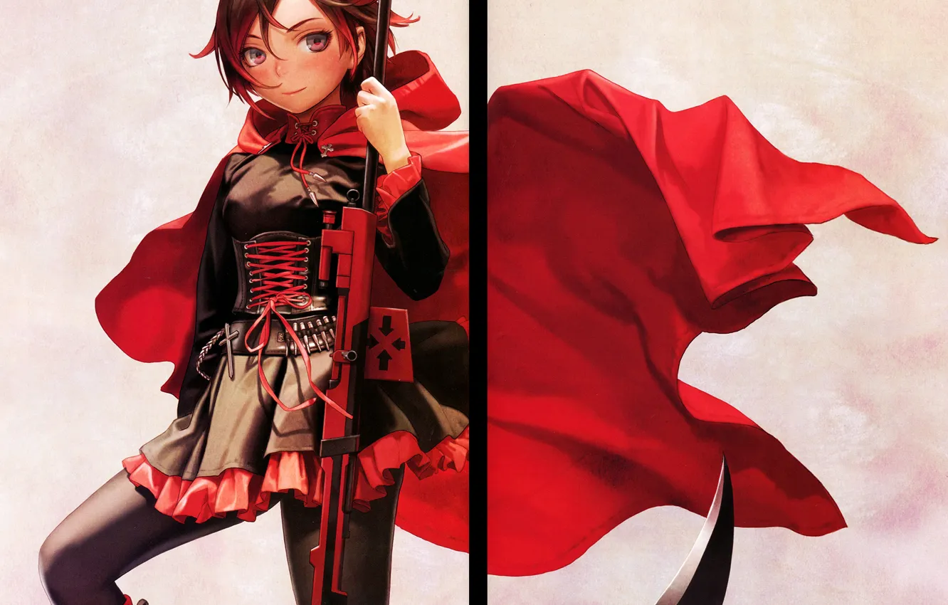 Photo wallpaper grey background, rifle, red coat, lacing, mini skirt, death scythe, RWBY, Ruby Rose