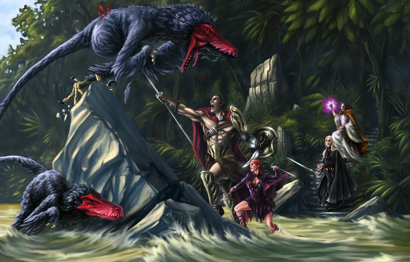 Photo wallpaper forest, girl, river, stones, weapons, fiction, magic, blood