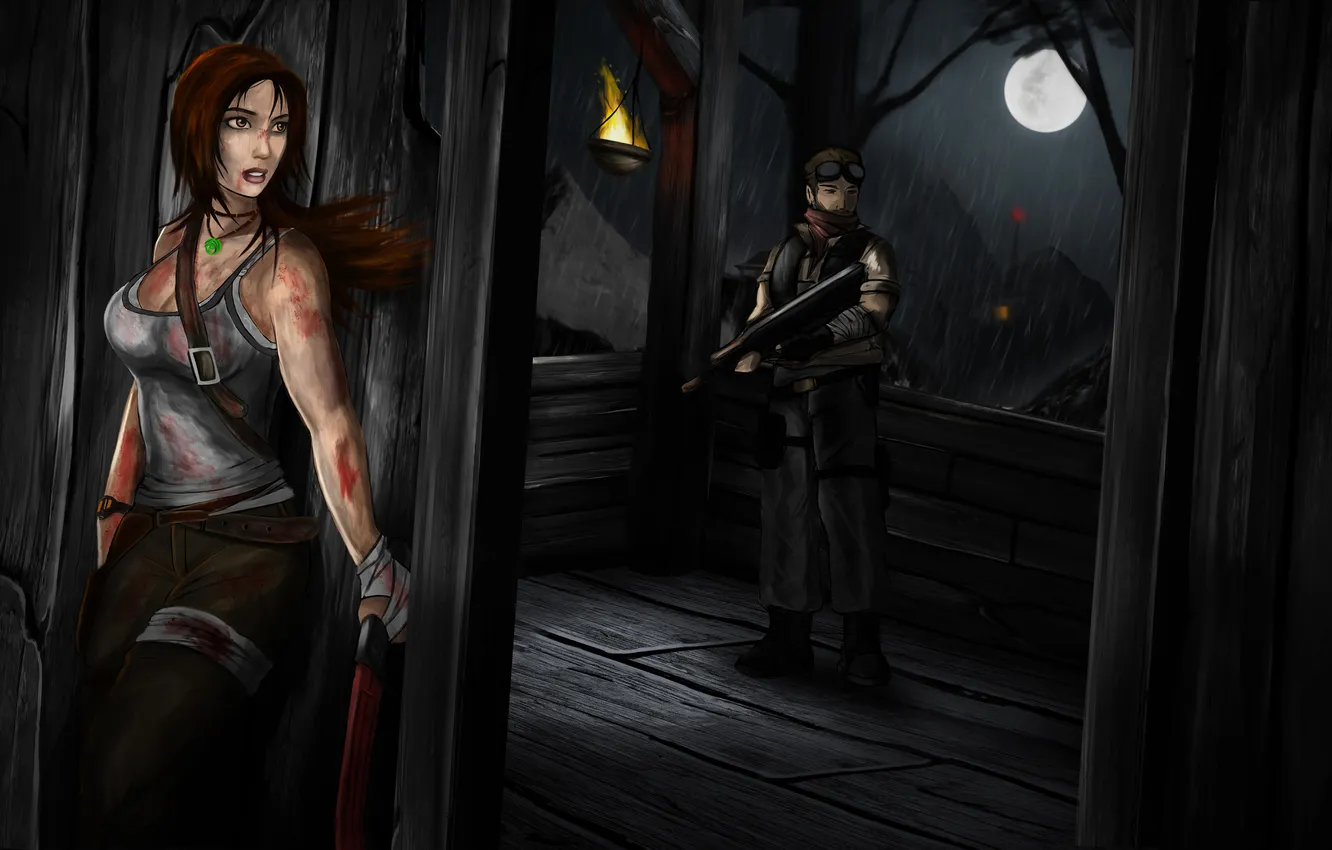 Photo wallpaper the sky, girl, lights, weapons, the moon, blood, the game, Mike