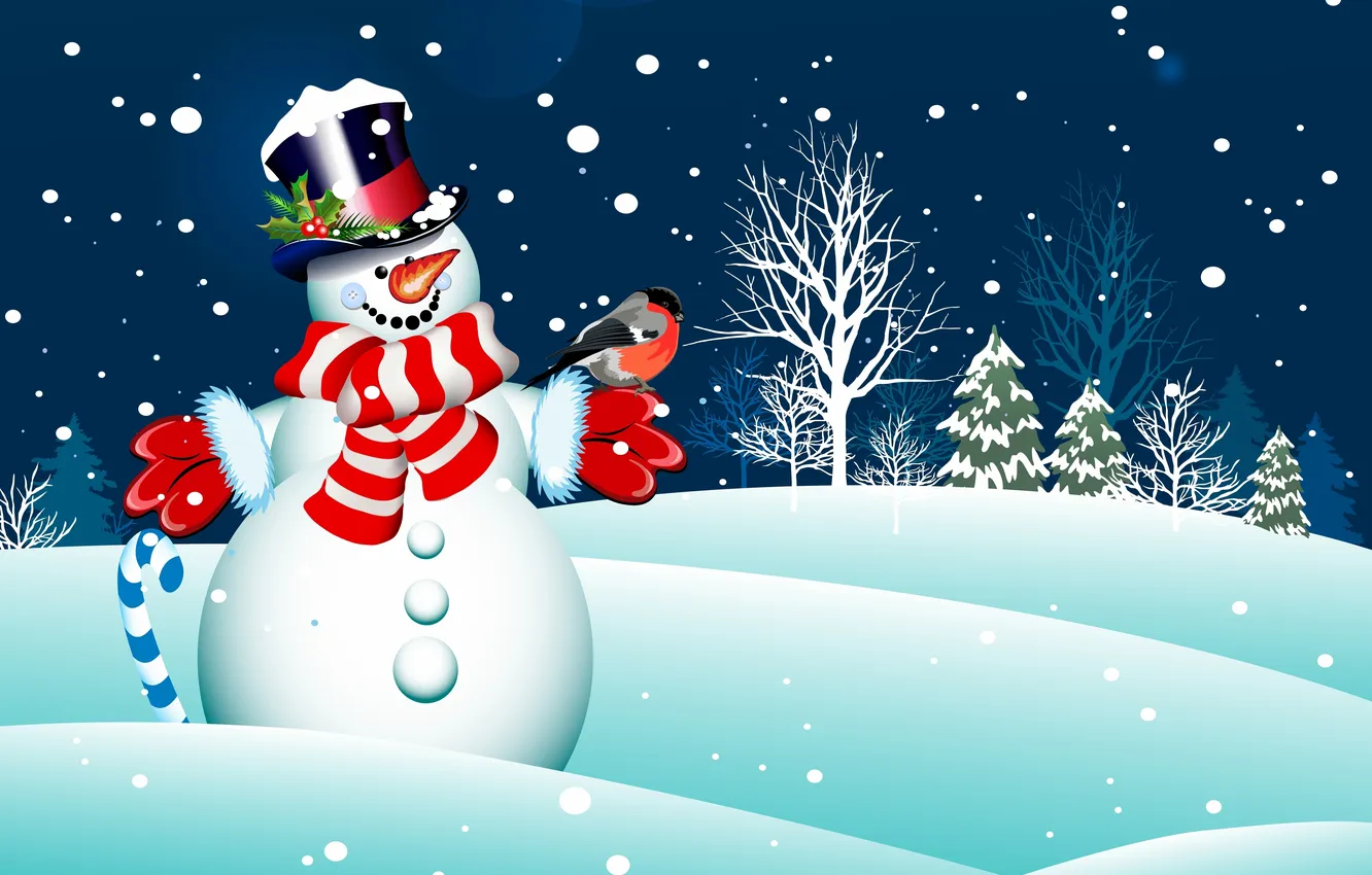 Photo wallpaper snow, trees, new year, scarf, snowman, new year, trees, snow