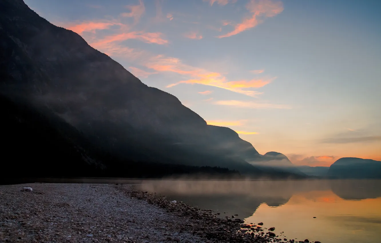 Wallpaper forest, nature, lake, stones, dawn, shore, mountain, haze for ...