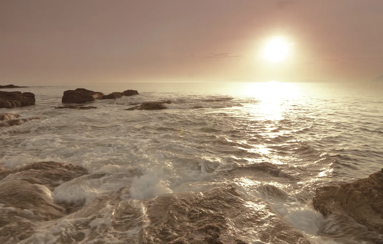 Photo wallpaper sea, the sun, sunset, stones
