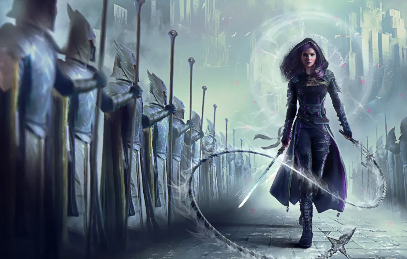 Photo wallpaper girl, fiction, sword, army, art, soldiers, cloak, whip