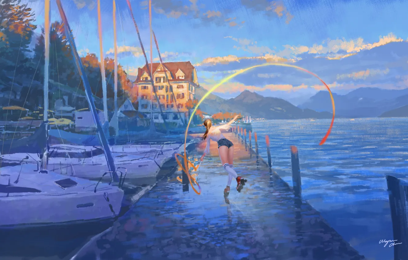 Photo wallpaper girl, lake, ship, home, the evening, videos, tape