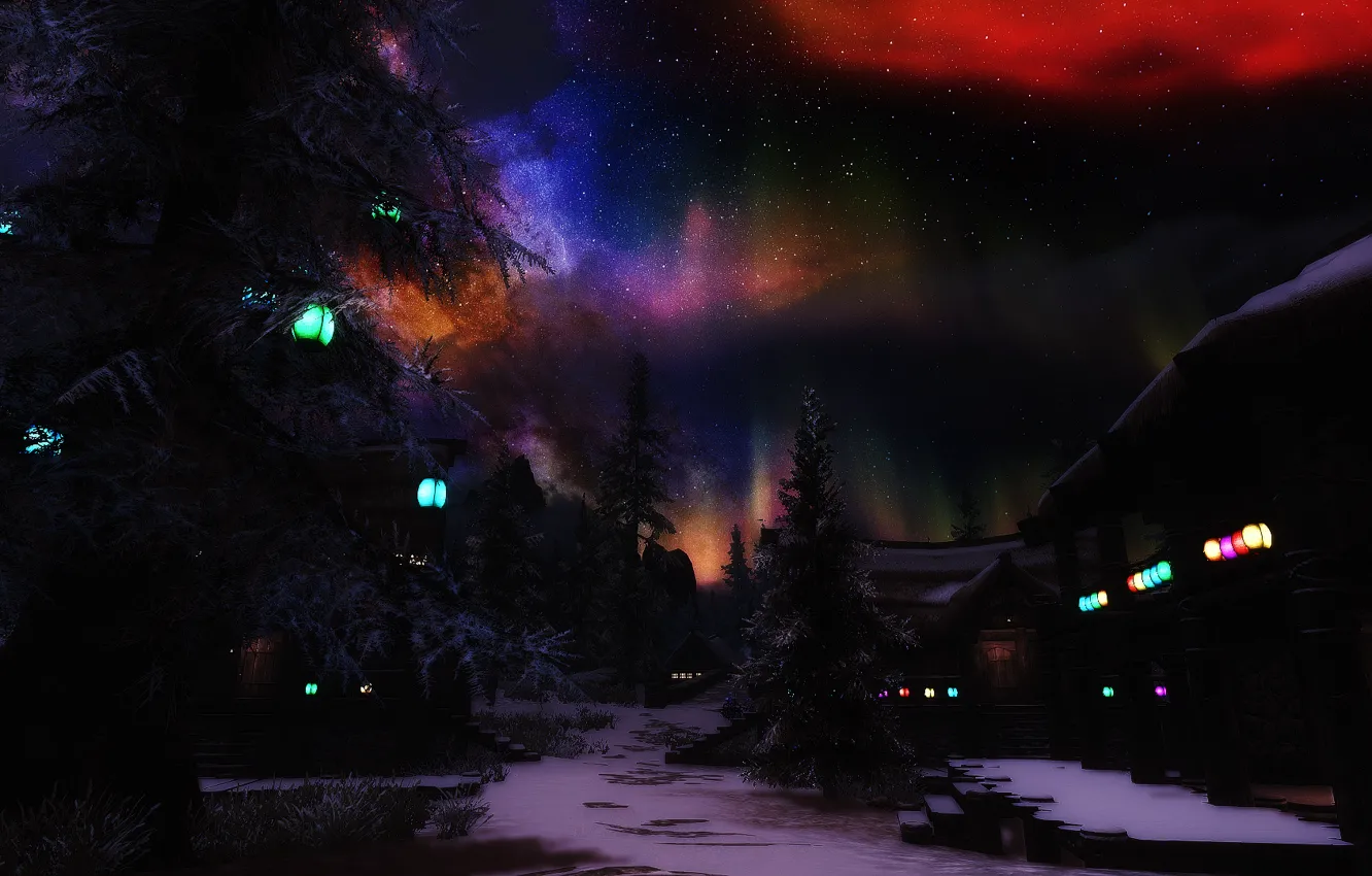Photo wallpaper stars, snow, trees, Northern lights, houses, lights night