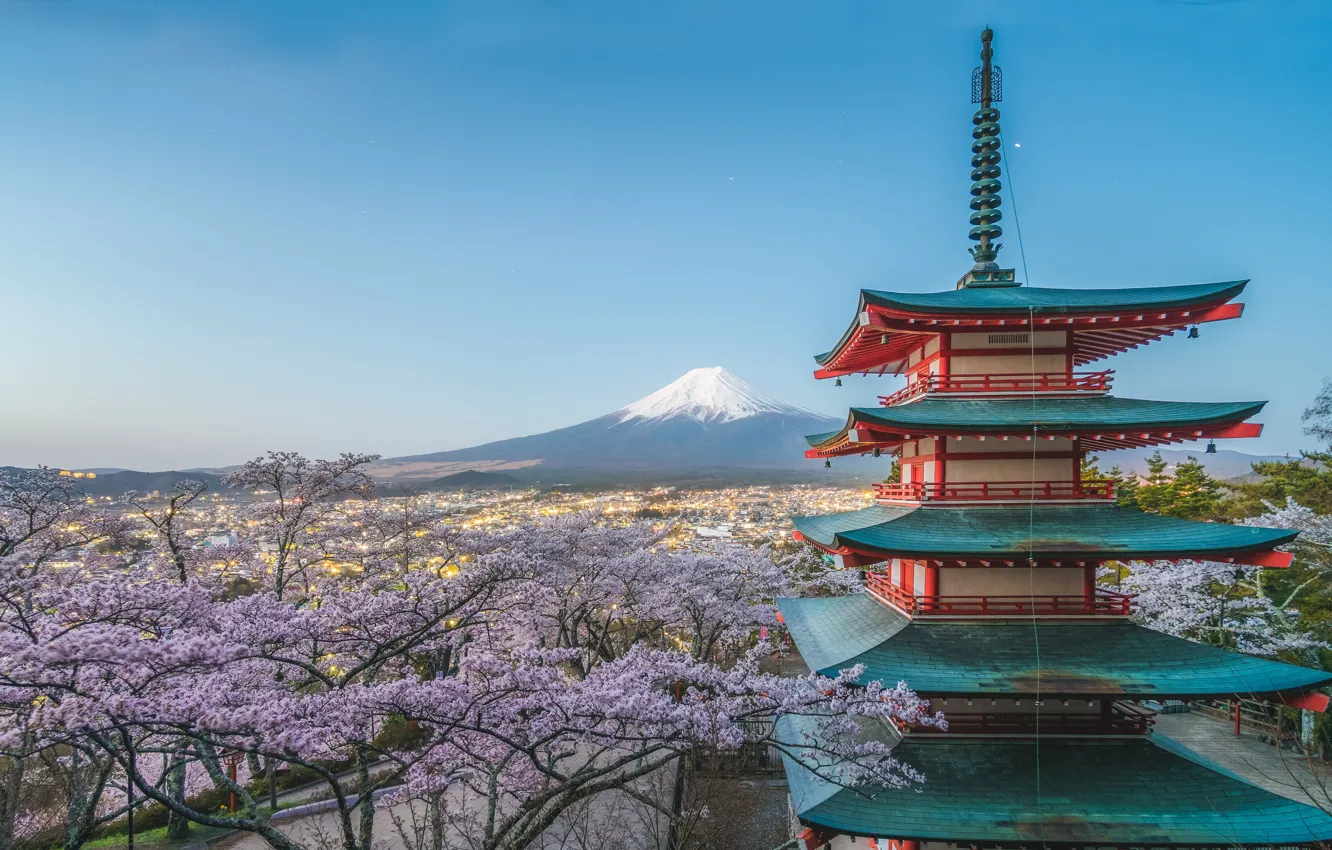 Photo wallpaper trees, landscape, nature, mountain, spring, the volcano, Japan, Fuji