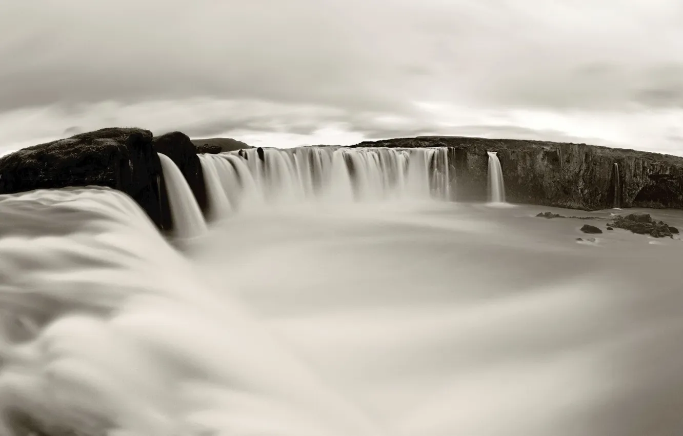 Photo wallpaper landscape, nature, water, waterfall, cliff, overcast