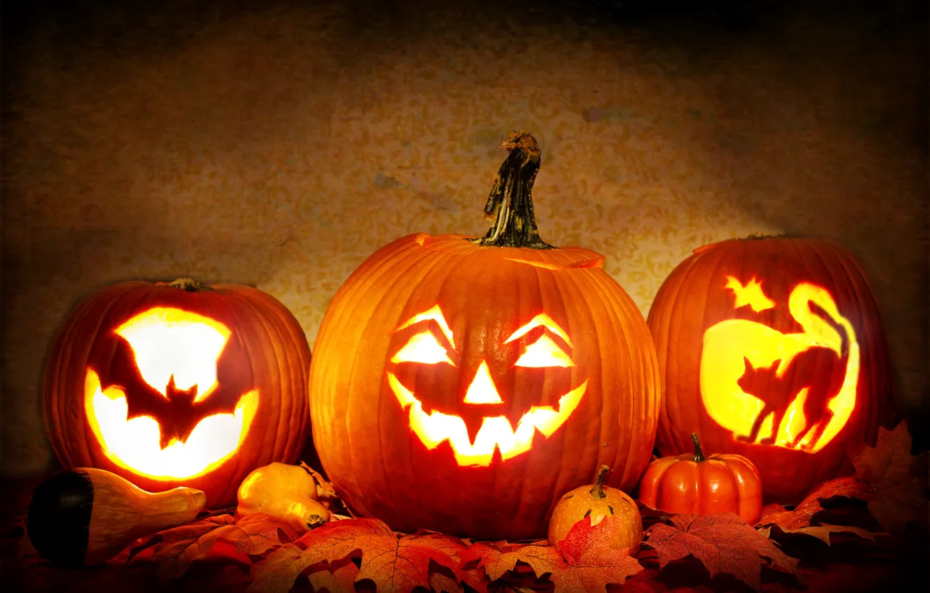 Photo wallpaper leaves, light, candles, pumpkin, Halloween, 31 Oct