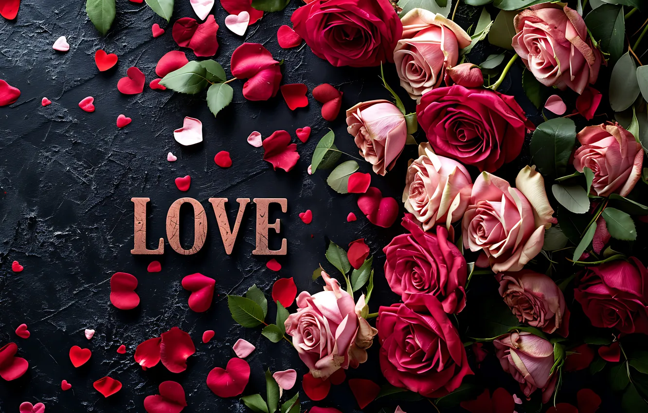 Photo wallpaper love, flowers, romance, heart, roses, love, Valentine's day, pink