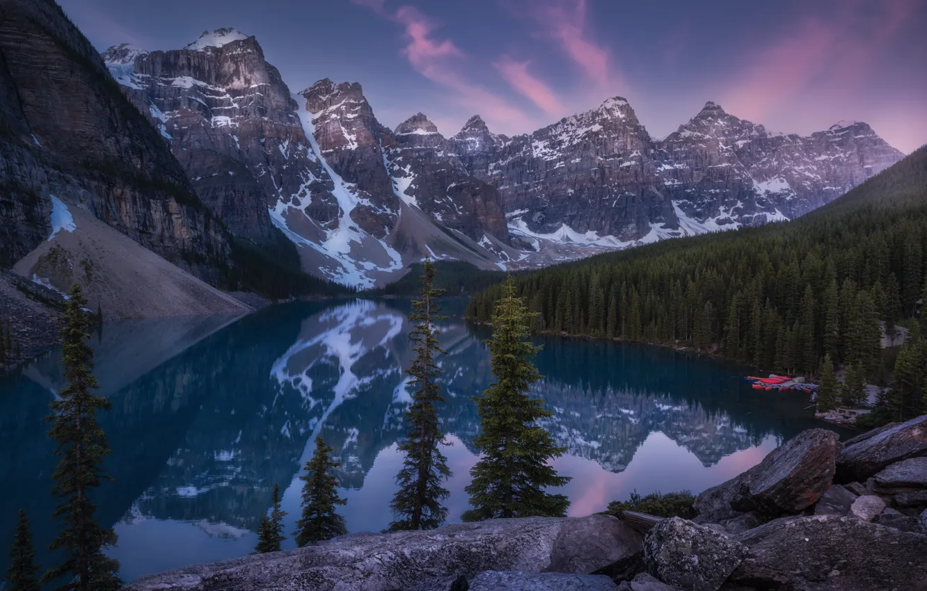 Photo wallpaper forest, mountains, lake, reflection, dawn, morning, Canada, Albert