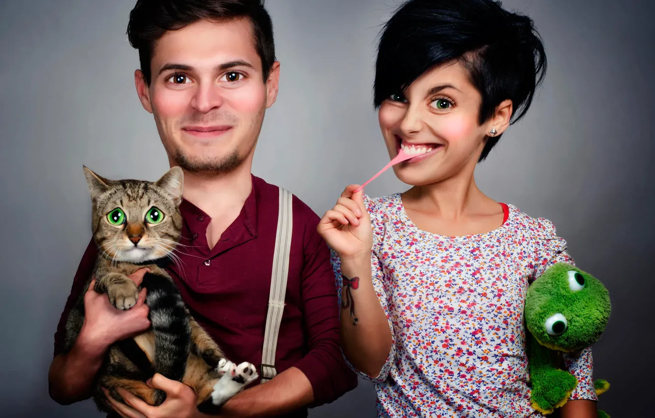 Photo wallpaper cat, humor, husband, wife, family photo