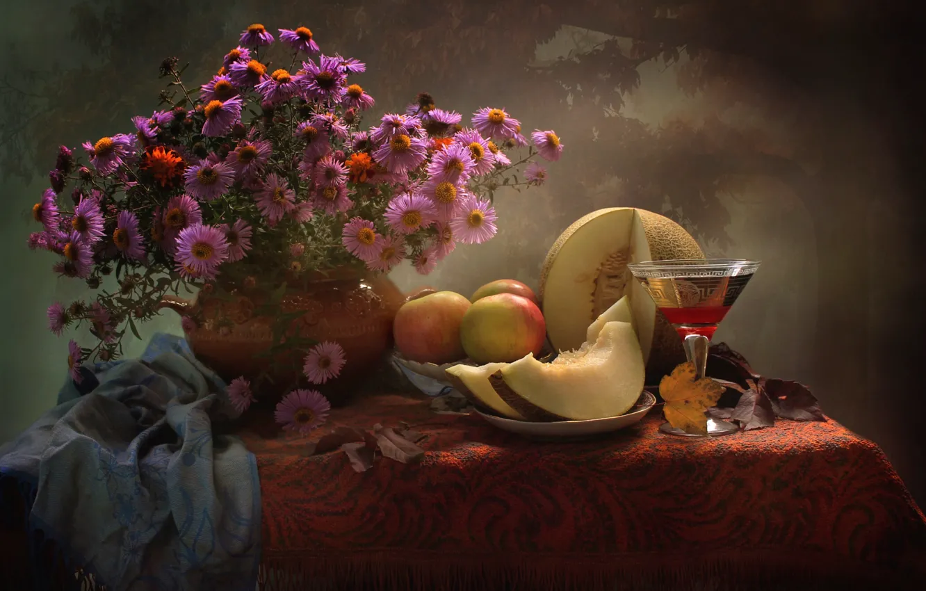 Photo wallpaper wine, apples, glass, bouquet, still life, melon