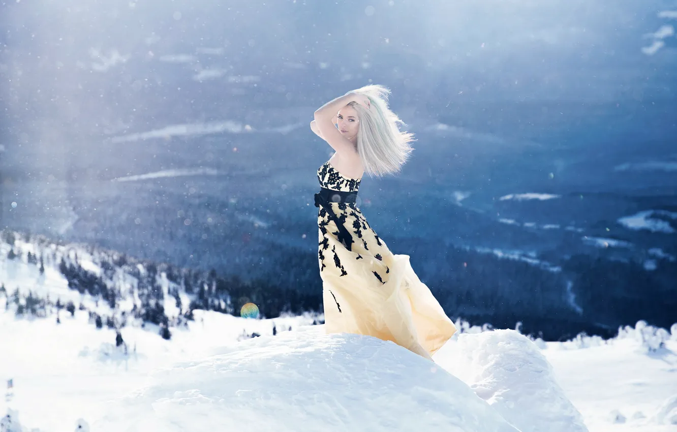 Photo wallpaper winter, girl, light, snow, mountains, pose, mood, the situation