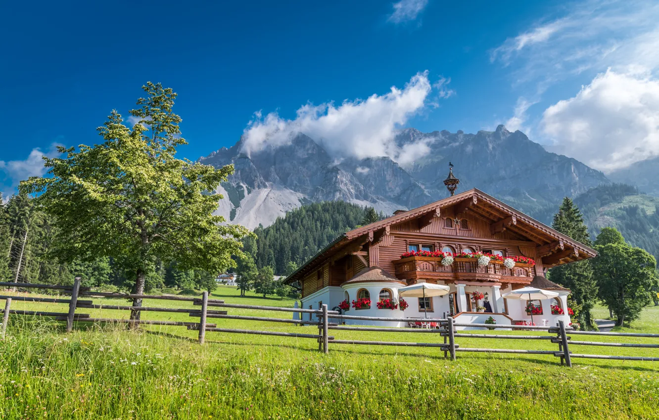 Photo wallpaper trees, mountains, house, the fence, Austria, Alps, lawn, Austria