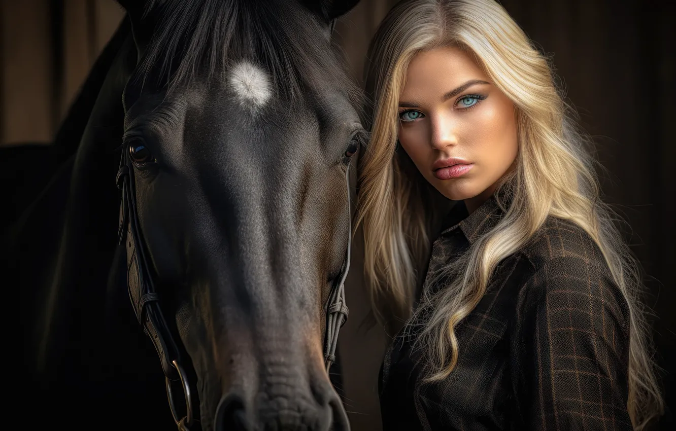 Photo wallpaper girl, face, the dark background, rendering, horse, horse, portrait, art
