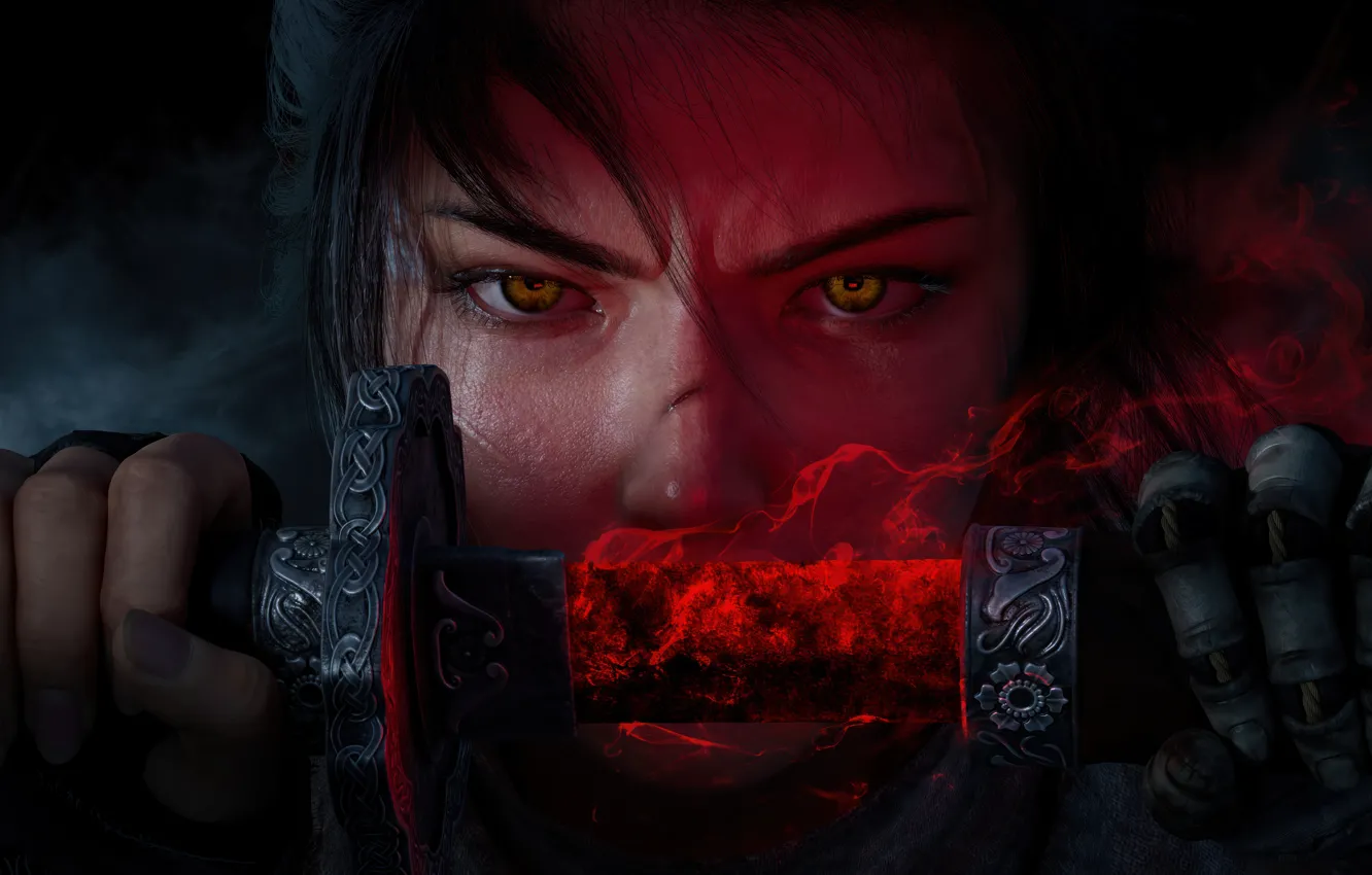 Photo wallpaper girl, sword, smoke, katana, hair, look, warrior, Fury