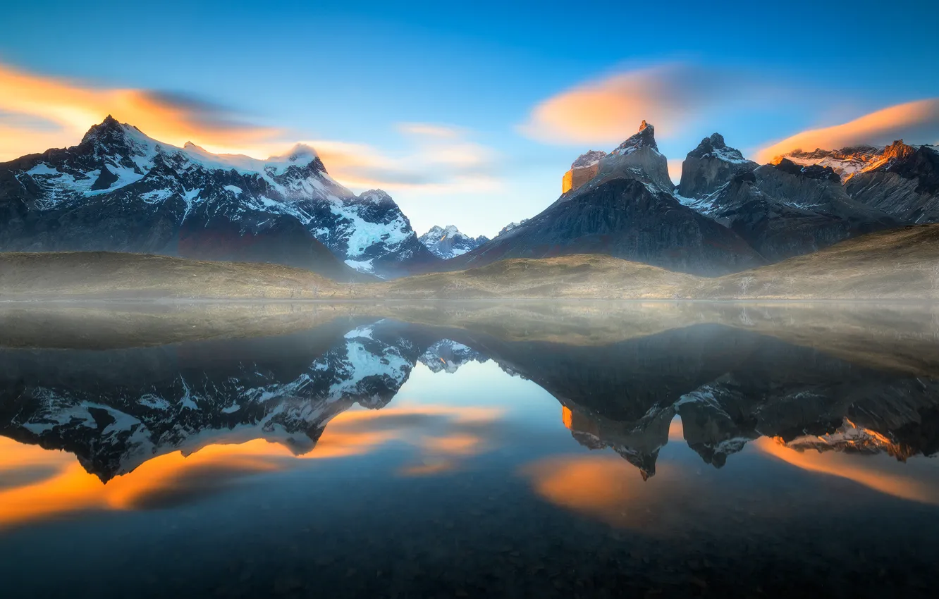 Photo wallpaper reflection, lake, haze, Chile, South America, Patagonia, the Andes mountains
