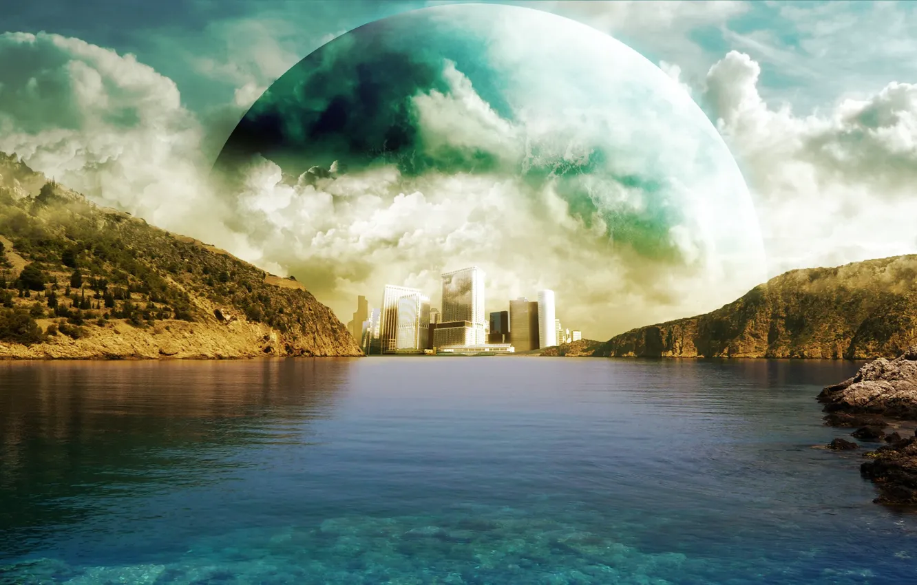 Photo wallpaper water, clouds, mountains, the building, planet