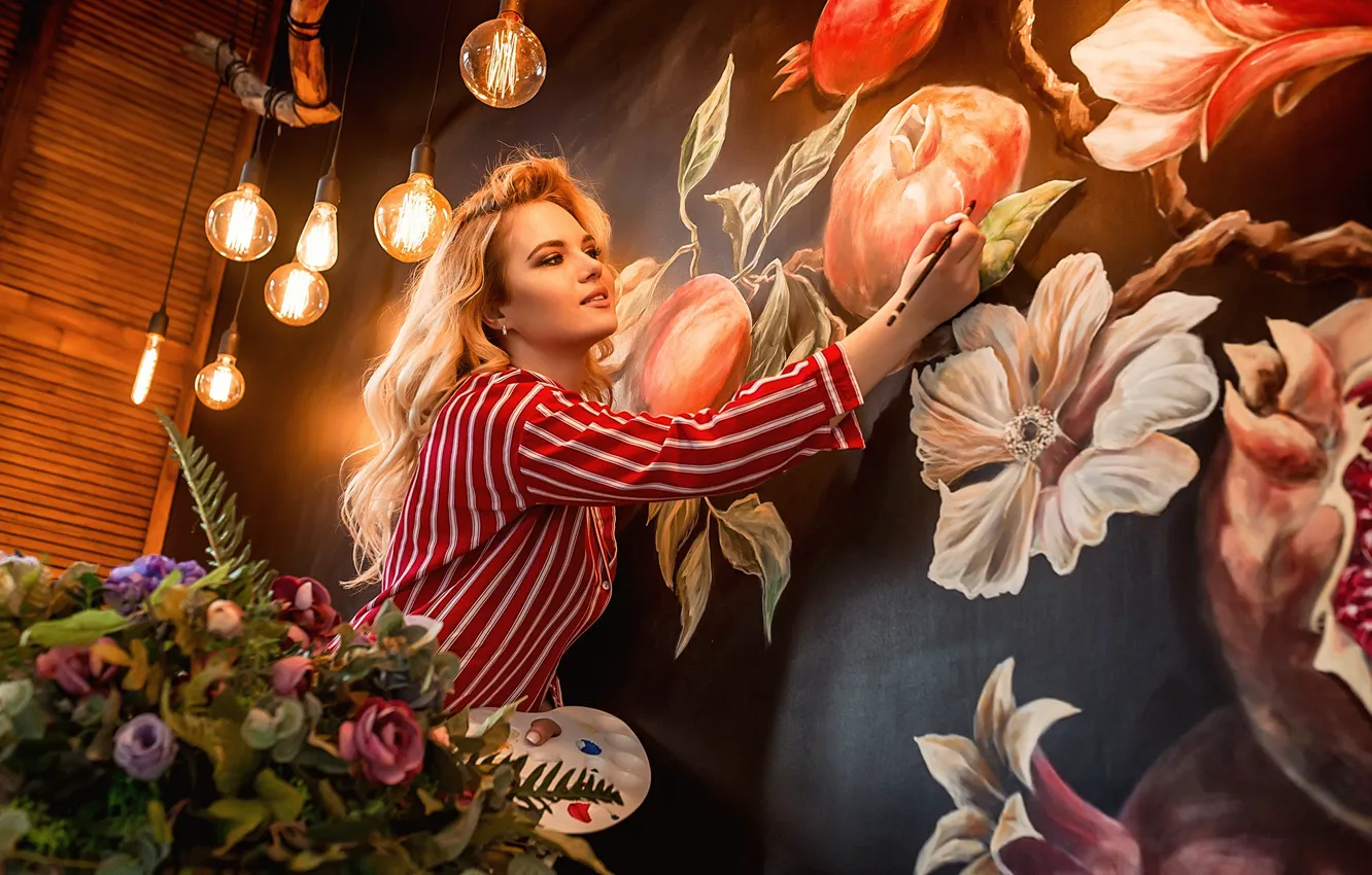 Photo wallpaper legs, flowers, model, pretty, blonde, pose, A Diakov George