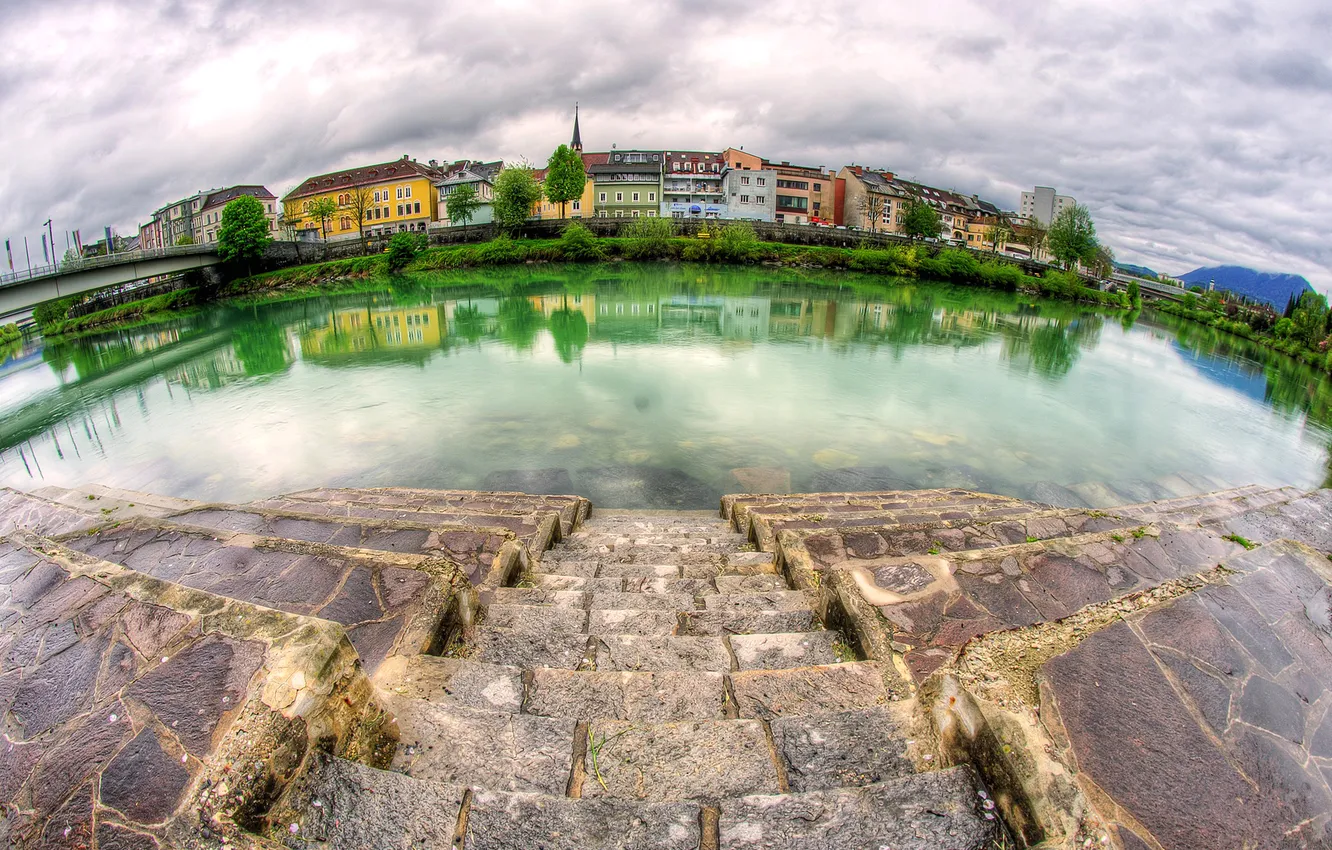 Photo wallpaper the sky, clouds, bridge, river, home, Austria, stage, Austria