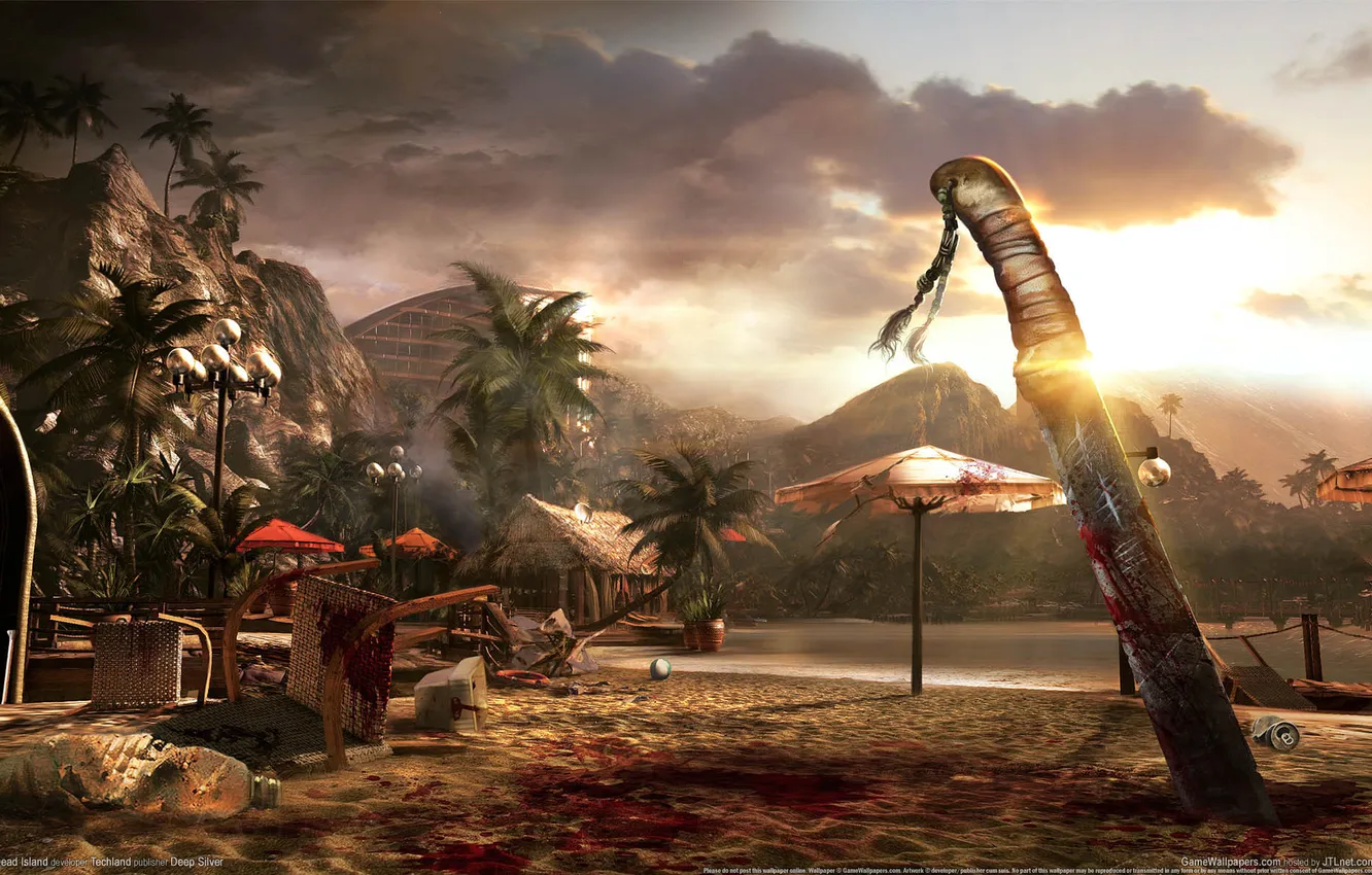 Photo wallpaper sea, beach, clouds, mountains, palm trees, umbrella, blood, machete