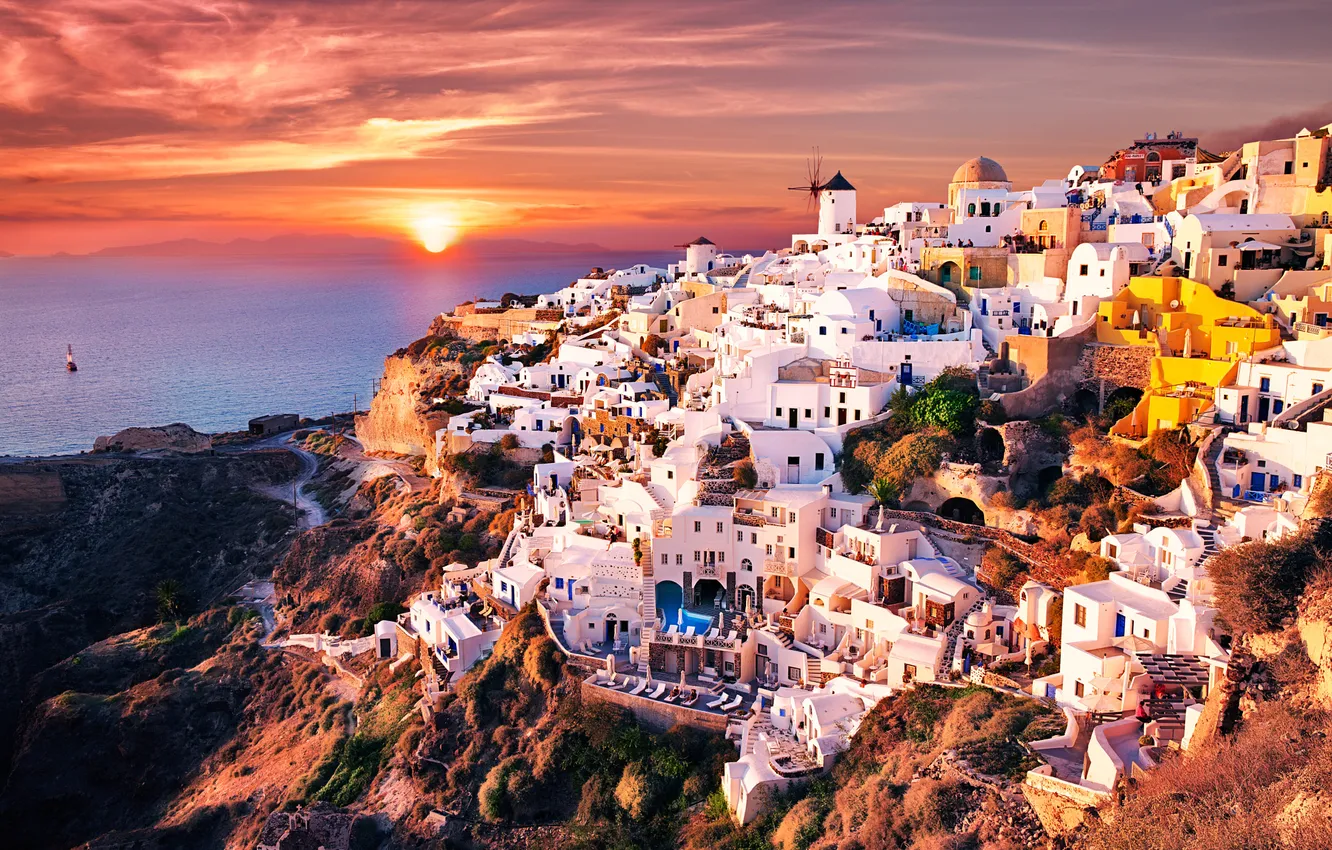 Photo wallpaper sea, sunset, mountains, home, Greece, Oia Santorini