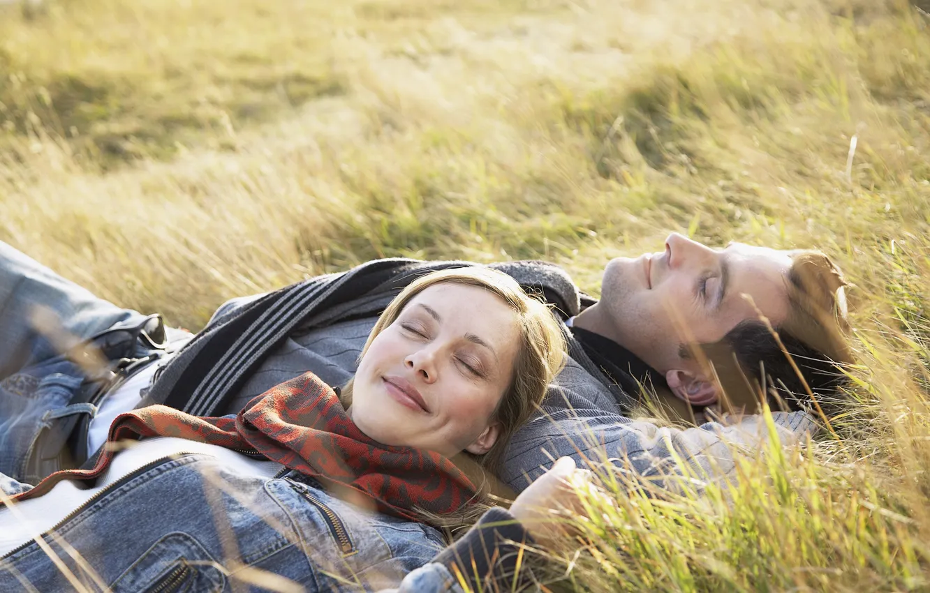 Photo wallpaper summer, grass, girl, smile, pair, guy