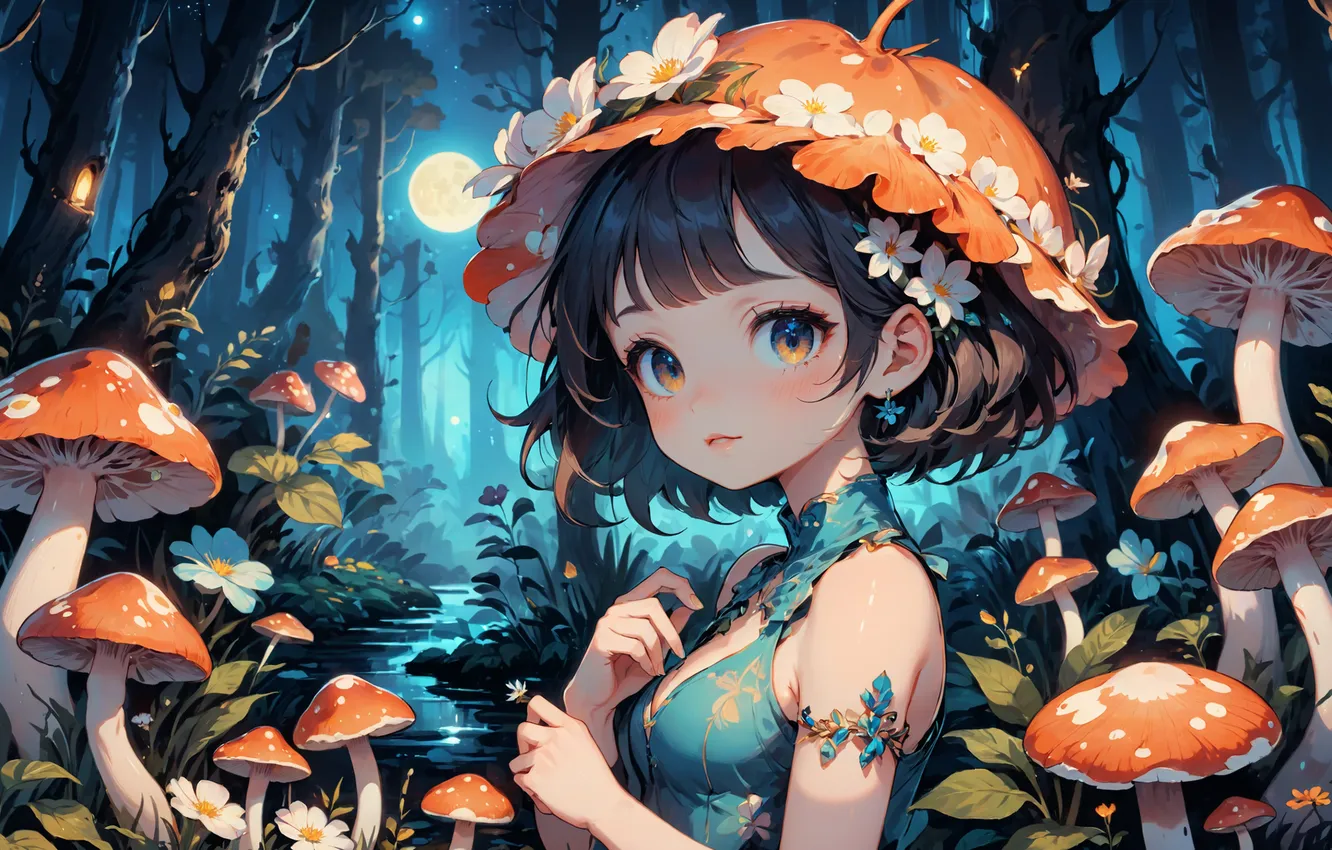 Photo wallpaper mushrooms, girl, hat