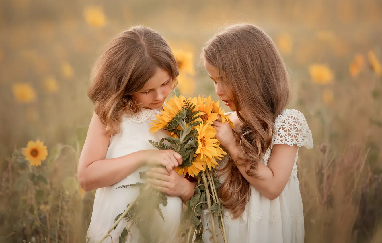 Photo wallpaper summer, sunflowers, girls