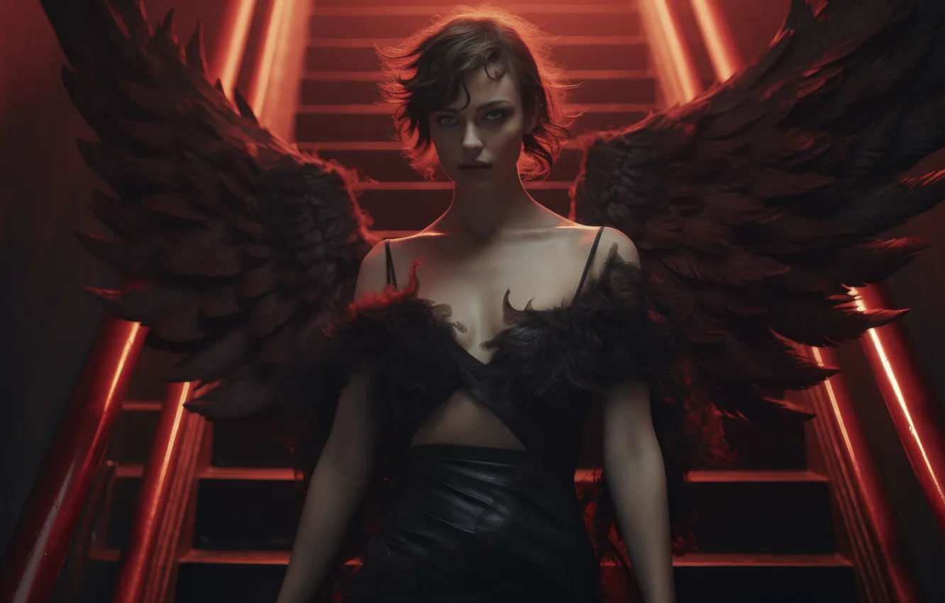 Photo wallpaper girl, wings, angel, ladder, fallen angel, digital art, AI art, The Art of Artificial Intelligence