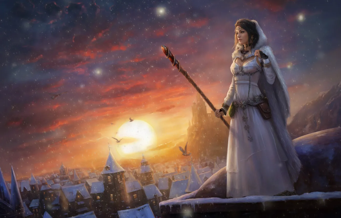 Photo wallpaper winter, girl, snow, sunrise, beauty, morning, hood, MAG