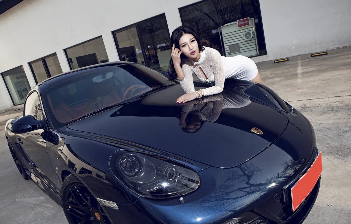 Photo wallpaper auto, look, girl, Porsche, Asian, beautiful girl, posing