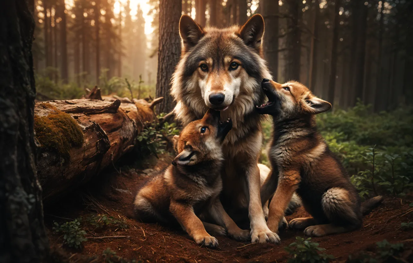Photo wallpaper forest, the game, wolf, log, wolf, mother, AI art, neural network