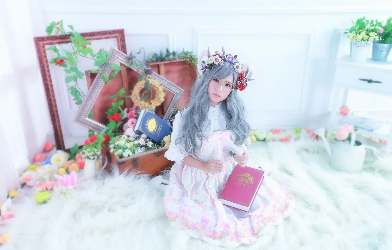 Photo wallpaper look, flowers, room, hair, frame, glasses, Asian, owner