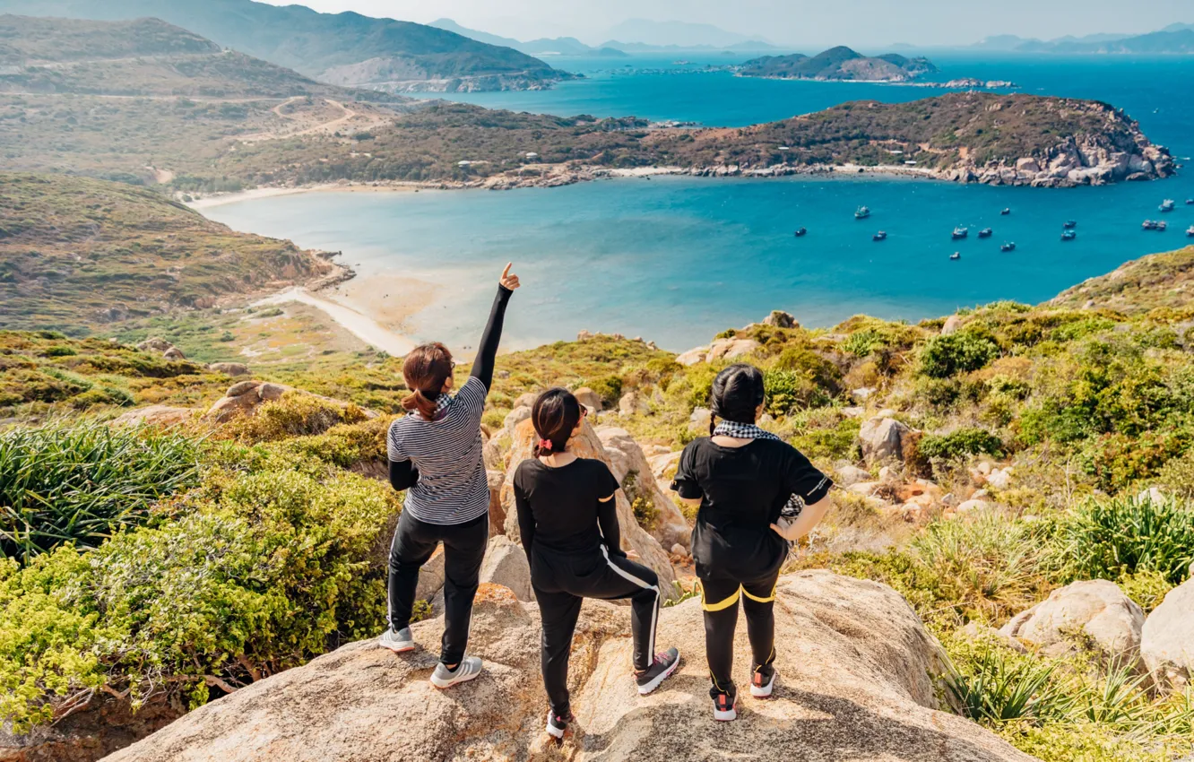 Photo wallpaper sea, the sky, water, mountains, heat, mood, the ocean, stay