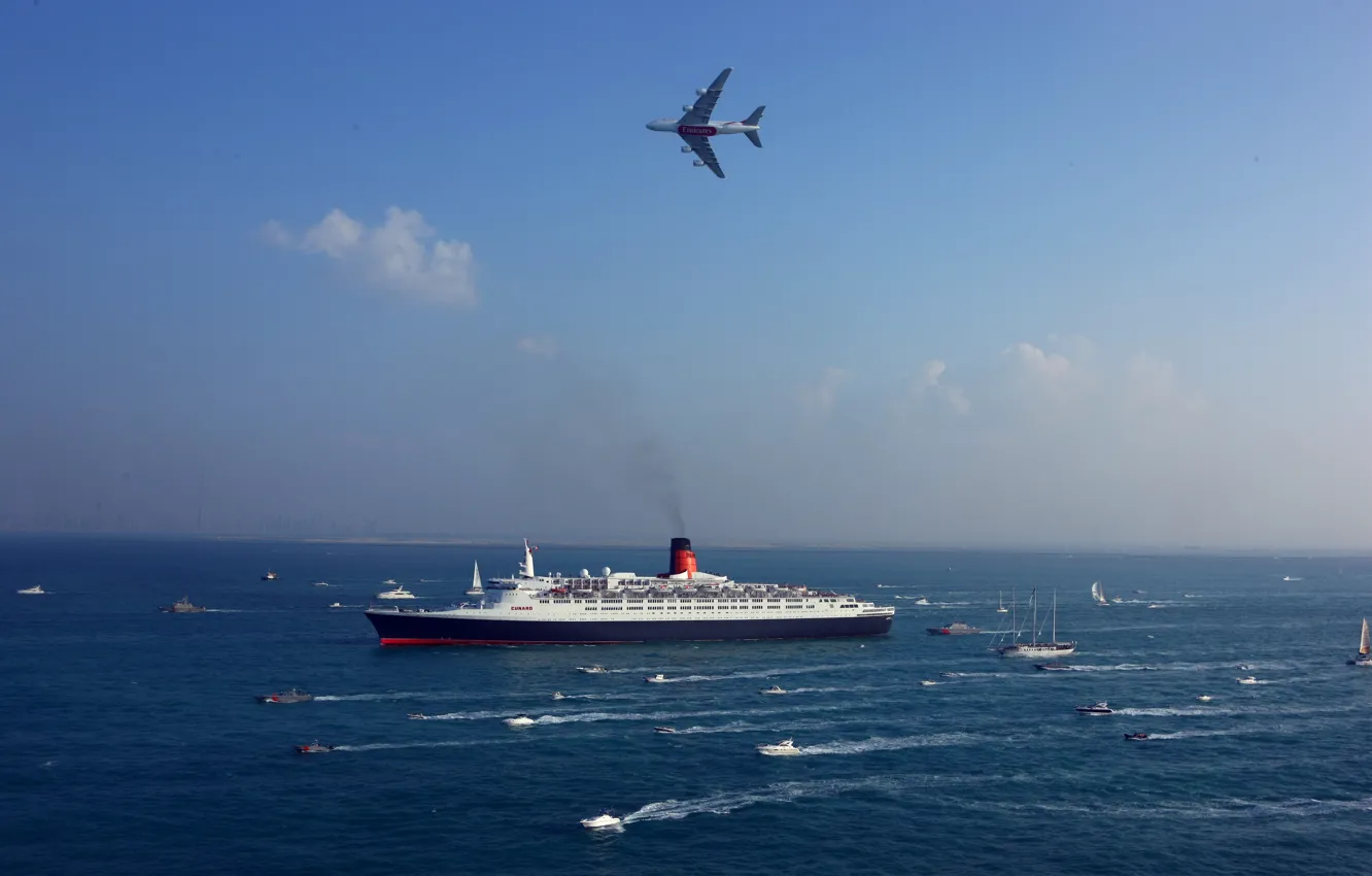 Photo wallpaper The sky, Sea, The plane, Liner, Day, The ship, Military, A lot