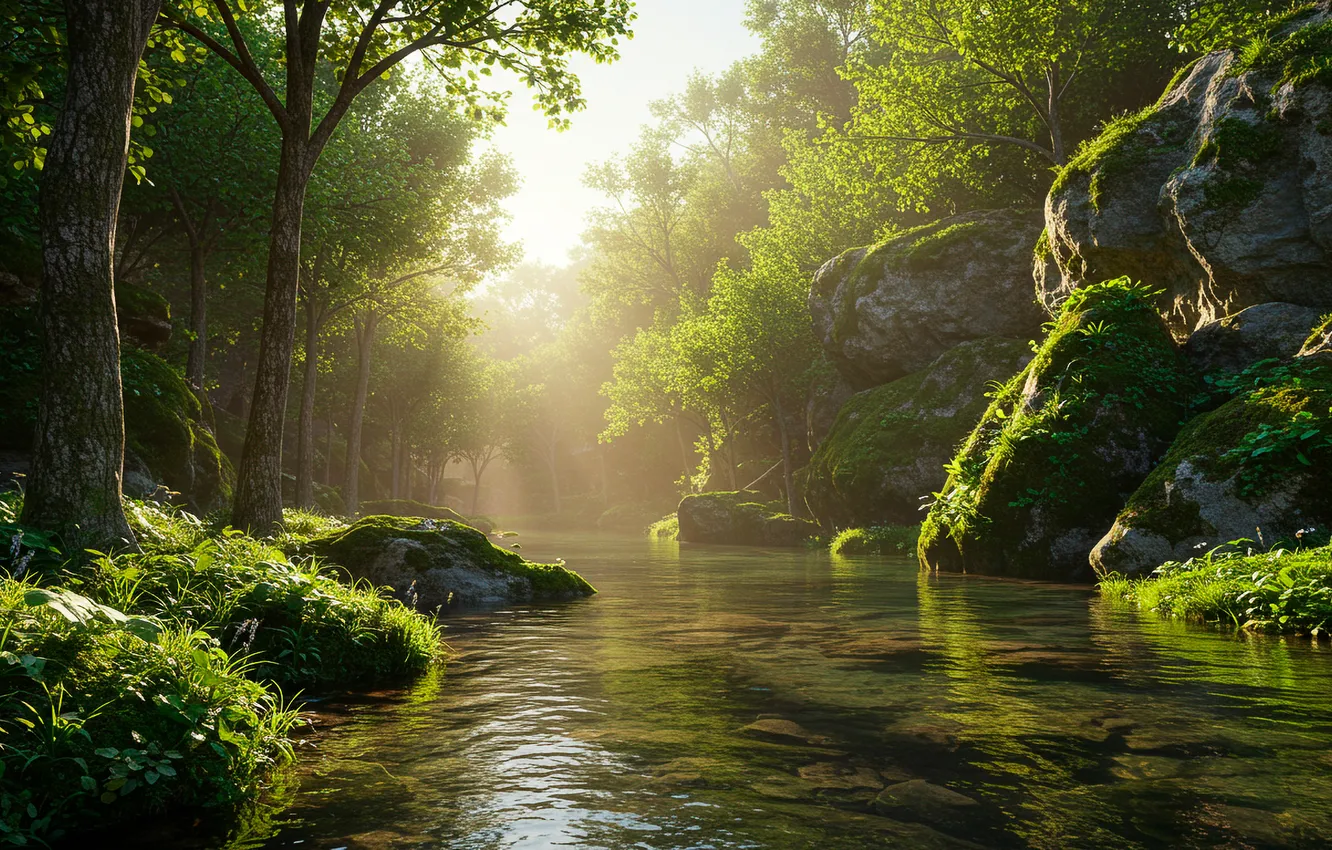 Photo wallpaper grass, trees, river, stones, shore, grass, river, trees