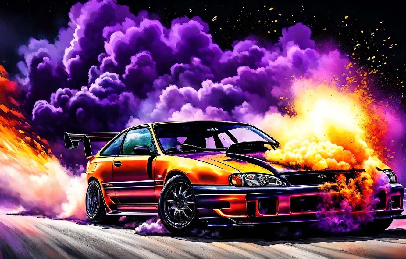 Photo wallpaper machine, car, colored smoke