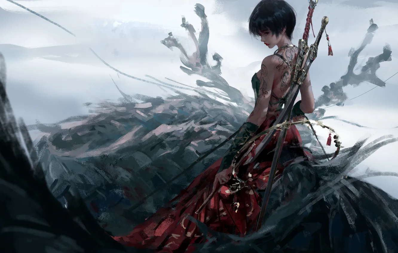 Photo wallpaper girl, weapons, tattoo, fantasy, Wlop