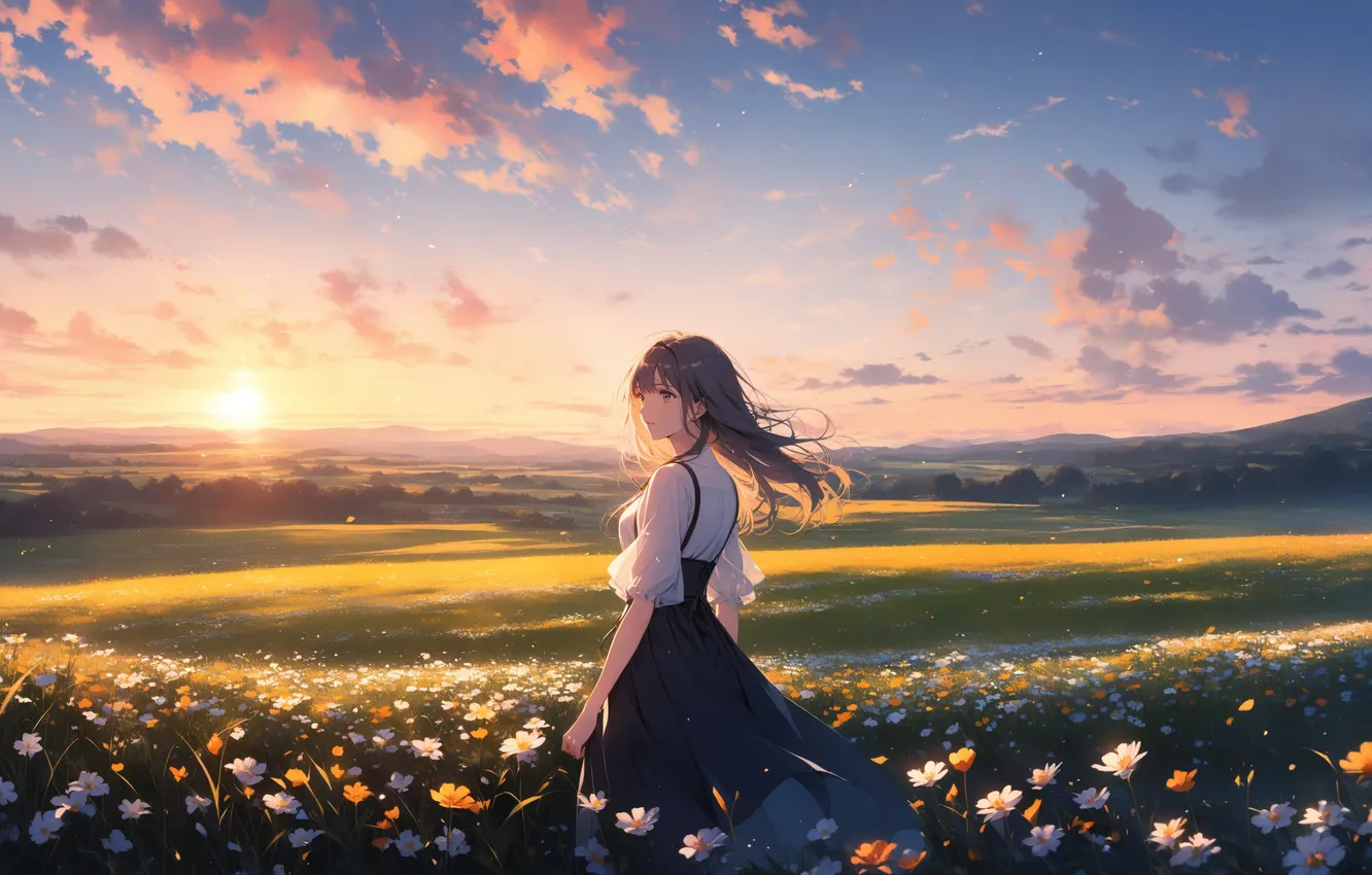 Photo wallpaper field, the sun, landscape, sunset, flowers, woman, anime, field