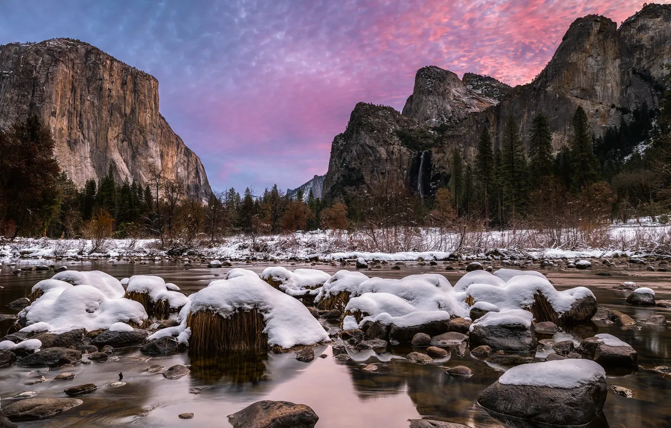 Photo wallpaper winter, nature, river, Yosemite