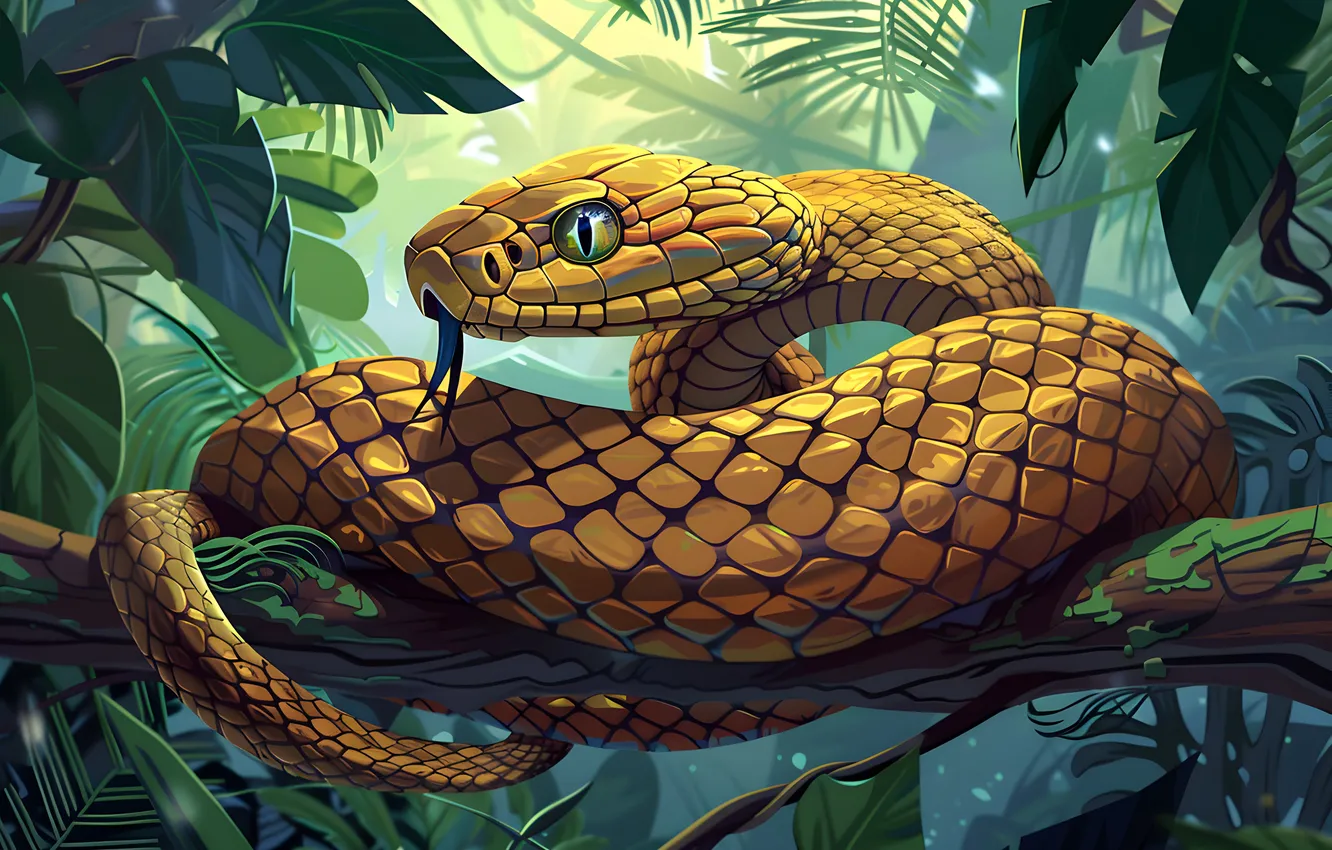 Photo wallpaper language, look, face, trees, animal, snake, jungle, art