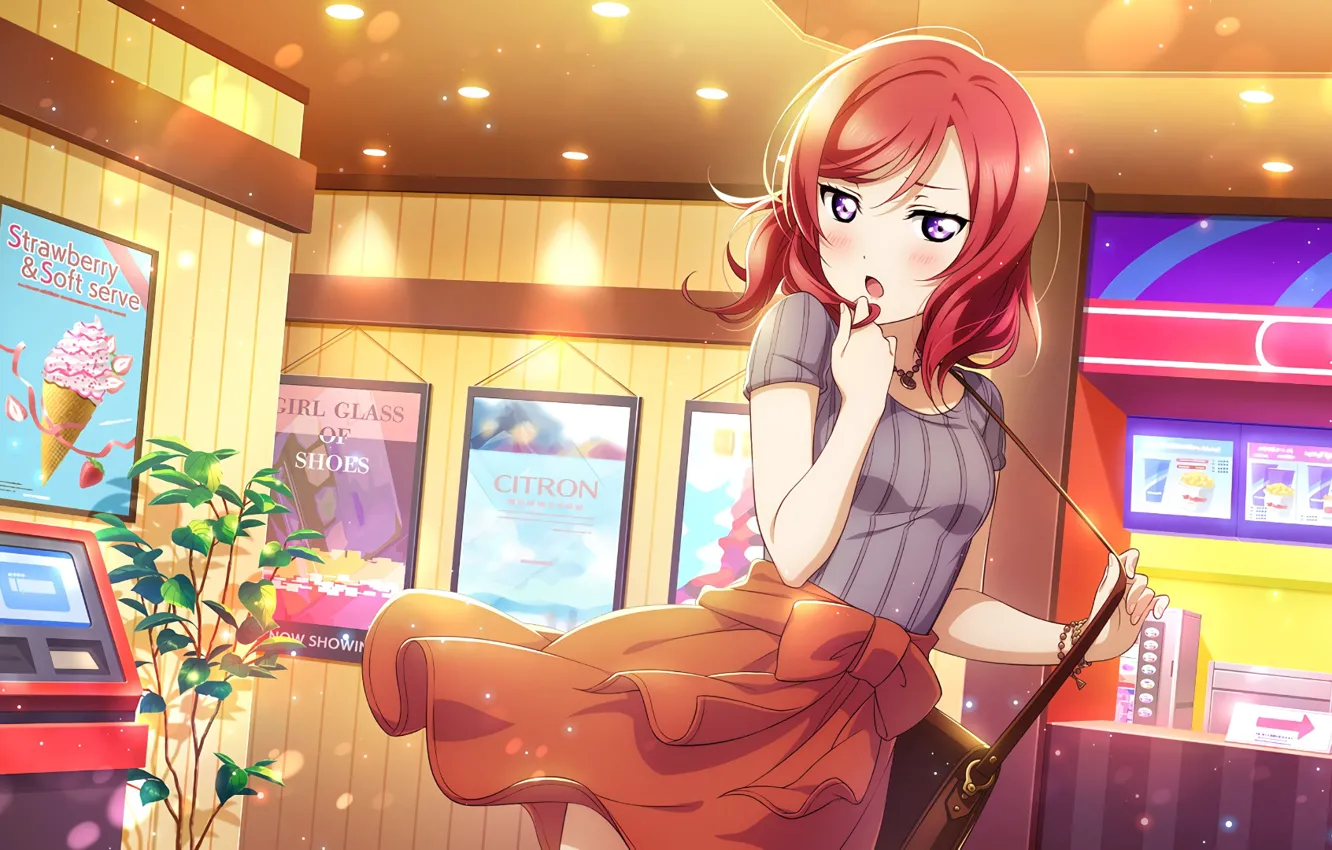 Photo wallpaper girl, surprise, anime, advertising, corridor, Maki Nishikino, Love Live !, Nishikino Maki